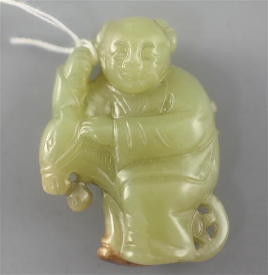 A Chinese yellow and russet jade boy pendant, 4cm